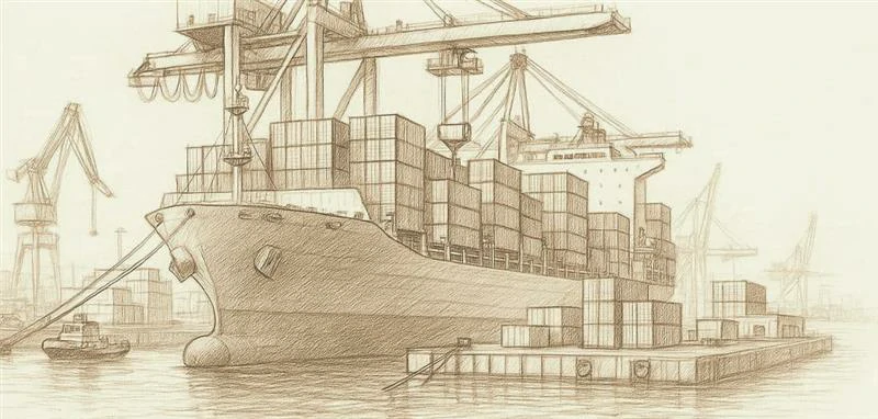 Maritime trading illustration showing cargo ship and port