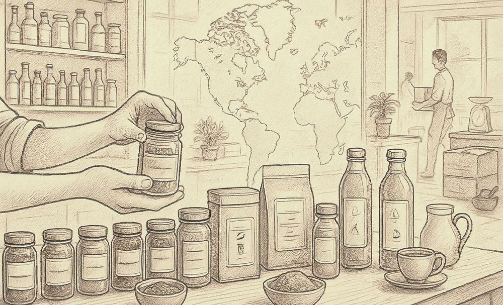 Vintage illustration of spices, food items and global trading